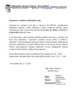 Oznámení o vyhlášení ředitelského volna 30. 4. a 7. 5. 2026