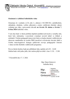 Oznámení o vyhlášení ředitelského volna 30. 4. a 7. 5. 2026