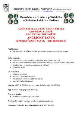 Inzerát - učitel II. stupeň AJ, od 25. 8. 2025