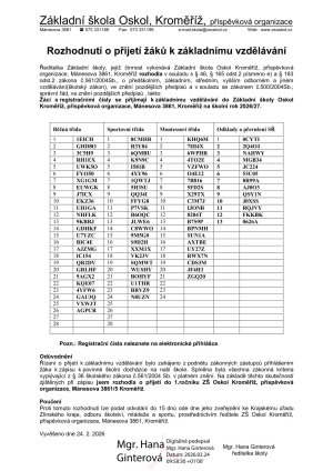 Rozhodnutí o přijetí žáků k základnímu vzdělávání pro šk. rok 2026/2027